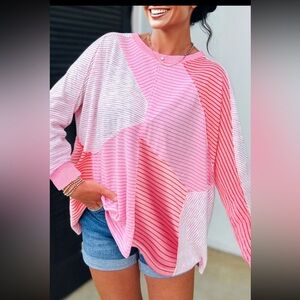 1096. Striped Colorblock out seamed long sleeve in pink